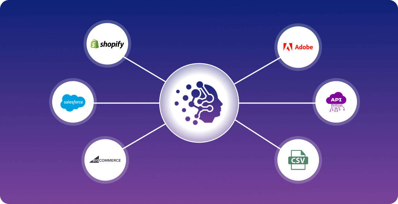 Visual grid with logos — Shopify, WooCommerce, Magento, Salesforce, API, Shopify Connect, Optimizely